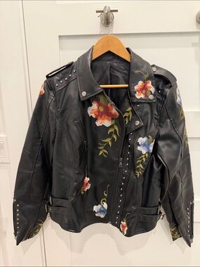 Black Floral Embroidered Leather Moto Jacket